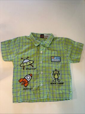 Vintage 90s Short-Sleeve Green Plaid Space Shirt